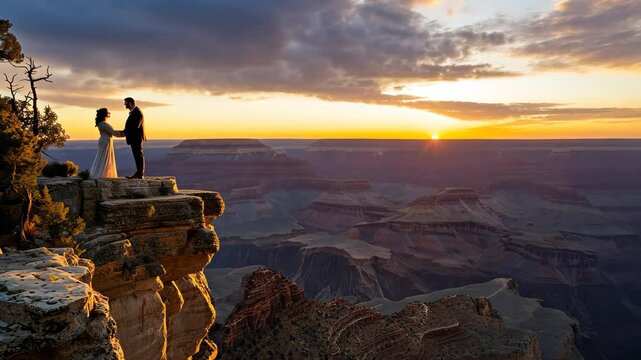 A man and woman stand on the edge of a cliff, overlooking a stunning landscape, Wedding proposal scene overlooking a grand canyon