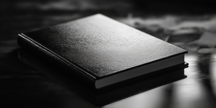 A sleek black leather notebook placed on a reflective surface, creating a sophisticated and minimalist aesthetic.