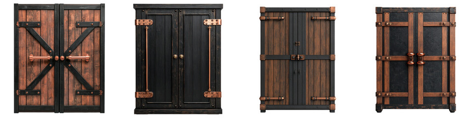 Vintage wooden barn doors with a classic rustic design in a countryside landscape  The aged and weathered wood planks create a charming heritage inspired backdrop for a variety of uses