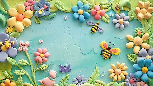A clay artwork of flowers, bees, and a bird on a blue background.