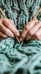 Close Up of Female Hands Knitting Green Woolen Sweater with Wooden Needles