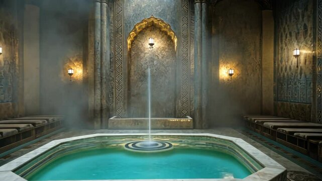 Relaxing atmosphere in a traditional Moroccan hammam with steam and intricate designs