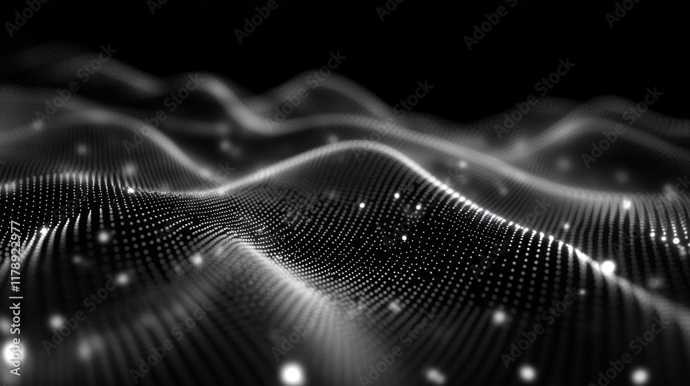 Poster discover an abstract representation of a digital network pattern featuring flowing waves and luminou