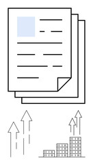 Stacked documents with upward arrows and building icons symbolize data analysis, financial growth, business progress, corporate expansion, success strategy, entrepreneurship, abstract line flat