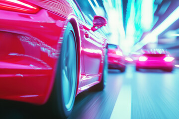 Speeding Red Sports Cars in Motion on Neon Lit City Street at Night