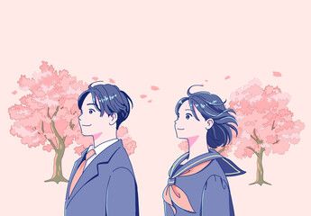 笑顔の男女の生徒と桜並木