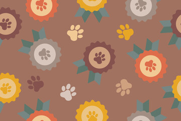 Seamless pattern of award symbol icon. Dog or cat paw print badge with ribbons. Pet show winner concept. Trendy modern illustration on mocha mousse color background. Vector
