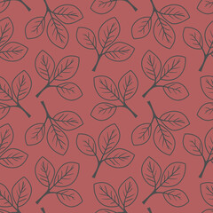 Elegant leaf pattern on a muted red background.  Simple, minimalist design ideal for textile prints, wallpapers, and website backgrounds.  Versatile and stylish illustration with a touch of nature.