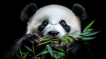 Captivating panda munching on bamboo in a serene setting, showcasing its playful nature and gentle demeanor