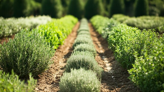 Secluded herb garden with aromatic plants like thyme and rosemary in neat rows