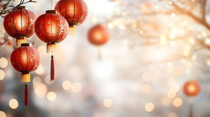 Obraz premium Asian red traditional lanterns. Oriental illustration for Chinese New Year in chinatown. Cover, banner, poster, greeting cardfor Chinese lantern festival with copy space