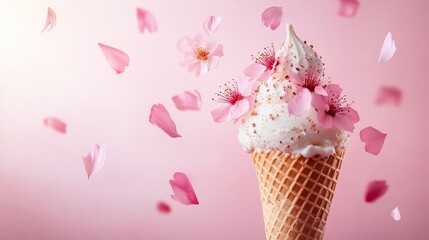 Ice cream cone with cherry blossoms and petals flying on a pink background.