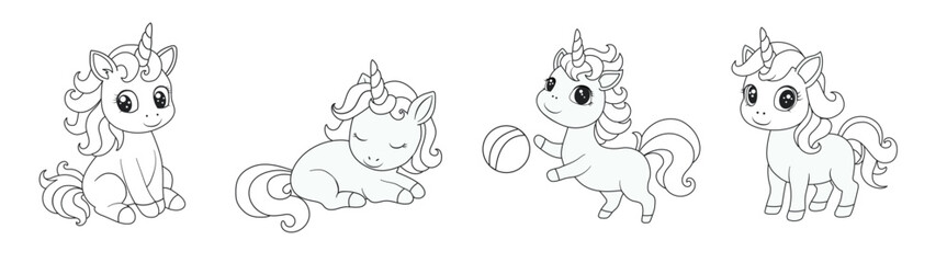 Coloring book for kids is a set of cute unicorns in different poses. Hand-drawn ponies with a horn. Cute magical horses. Vector illustration.