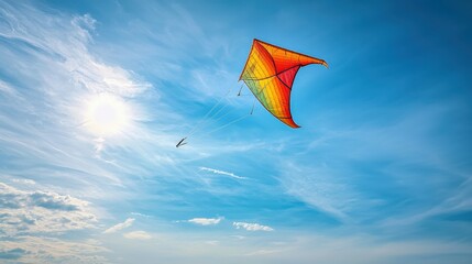 Fototapeta premium A vibrant kite soars high against a bright blue sky, illuminated by the sun, creating a cheerful and serene atmosphere.