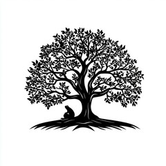 Fototapeta premium Serene Frog Silhouette Underneath a Majestic Tree: A Black and White Nature Illustration