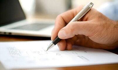 Close-up of a businessman's hand reviewing financial charts and graphs with a pen, Generative AI 