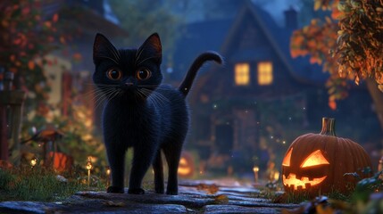 Obraz premium A charming black cat stands confidently near a glowing pumpkin under the enchanting Halloween night. Glimmering lights enhance the whimsical atmosphere of autumn.