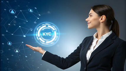 Businesswoman Presenting KYC Concept in a Futuristic Setup