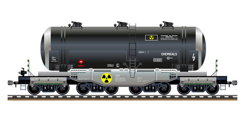 Fototapeta premium Freight train railway carriage chemical tank wagon containing toxic waste radioactivity biological hazard 3D vector illustration
