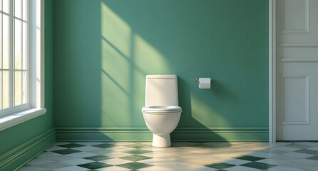 Elegant green bathroom with white toilet, marble flooring and wall paneling, bathed in natural light