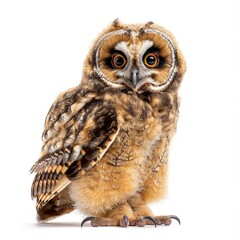 Naklejka premium Long eared owl standing, looking forward, isolated on white background