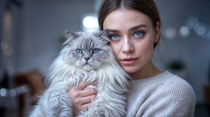 A young woman holds a white fluffy cat to her face