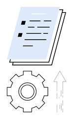 Papers symbolizing document management, gear for workflow automation, and upward arrow indicating progress. Ideal for productivity, business strategy, teamwork, innovation, optimization, success