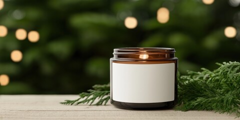 A brown jar candle with evergreen branches nearby, exuding a comforting and natural warmth.