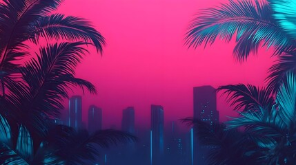 neon cityscape palm leaves retro synthwave - retro/synthwave