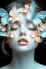 Obraz premium A serene portrait of a young woman surrounded by delicate butterflies and flowers, exuding a dreamy vibe, Ideal for beauty, fashion, and nature-themed projects,
