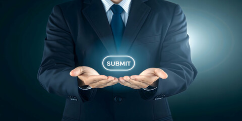 Businessman Holding Glowing Submit Button with Dark Background