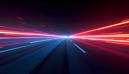 A dynamic and vibrant background featuring streaks of glowing neon lights in red, blue, and yellow, creating a sense of high-speed motion, with a gradient black base.