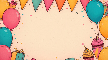 Happy birthday bunting themed, colorful birthday frame with balloons, cupcakes, and bunting decorations