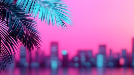 neon palm leaves cityscape background - neon colors