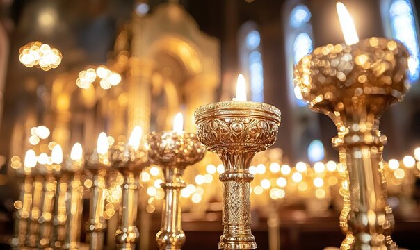 Lit candles in ornate holders in church, creating peaceful ambiance.