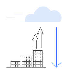 Cloud above skyscrapers with upward arrows indicating growth, large downward arrow for data download. Ideal for cloud services, storage, technology, finance, analytics, growth, abstract line flat