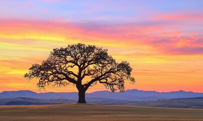 Lone tree silhouette in field at sunrise with colorful sky and distant mountains.