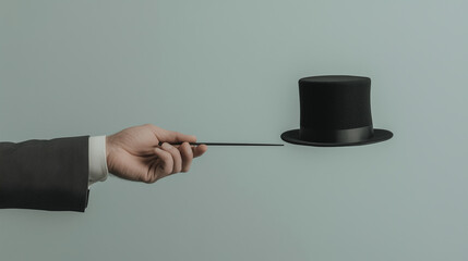 Fototapeta premium Magic trick with a hand holding a wand and a floating black top hat against a minimal background. Generative AI