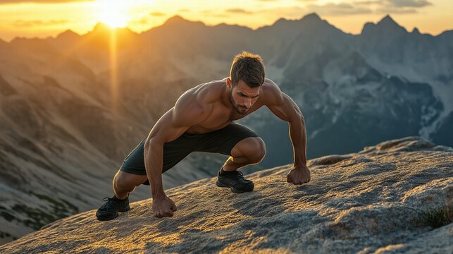 Man Practicing Bodyflex on Mountain Peak
