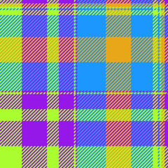 Vibrant neon plaid pattern.  Bold geometric design with diagonal stripes in bright colors. Ideal for fashion, textile, and web design backgrounds.  Add a pop of color to your projects