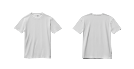  White T-shirt template, front and back view, isolated on a light gray background 