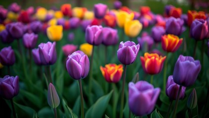 Field of purple tulips in full bloom With yellow and red tulips in the background