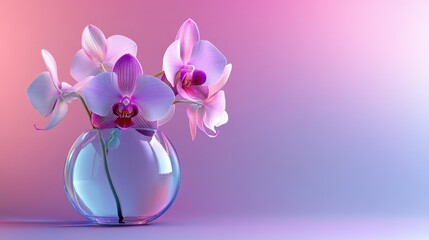 Fototapeta premium Blooming lavender orchid in a glass pot, isolated against a vibrant purple-to-pink gradient background.