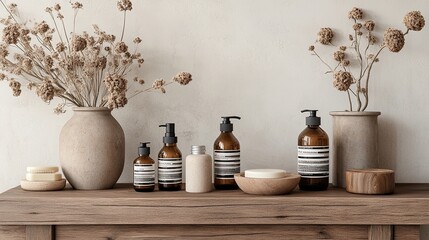 Elegant display of natural beauty products on a wooden table with dried flowers