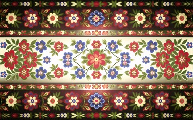 Polish Folk Art Patterns, Poland Ornate floral pattern with red, blue, and white flowers on a dark background.