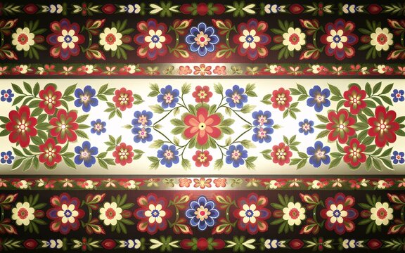Fototapeta Polish Folk Art Patterns, Poland Ornate floral pattern with red, blue, and white flowers on a dark background.