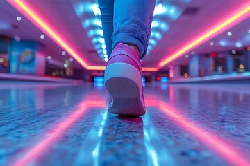 Fototapeta premium Person Walking Down Neon Lit Bowling Alley