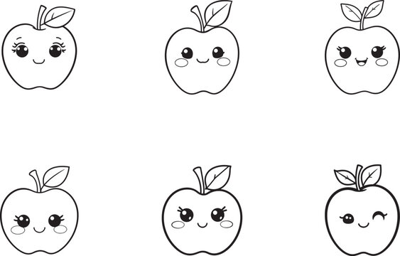 Set of adorable apple hand drawing for kids coloring page for children vector illustration