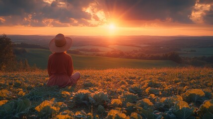 Obraz premium A person sitting in a field, watching a sunset over rolling hills and crops.