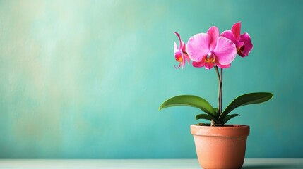 Bright pink orchid in a small clay pot, isolated on a calming pastel green background.
